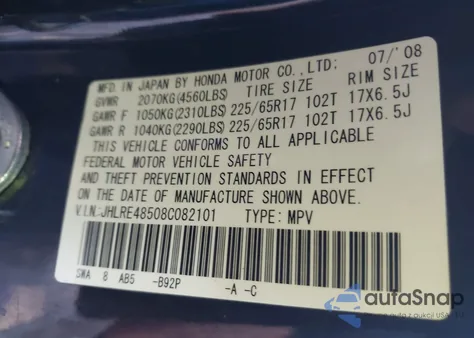 2008 Honda Cr-V Ex z USA, uszkodzony, nr VIN JHLRE48508C082101